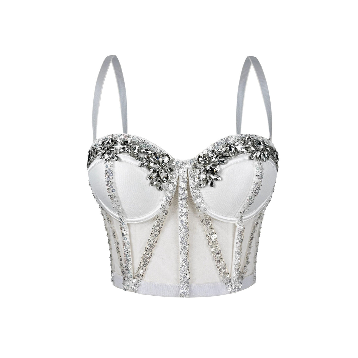 Cross-Border Rhinestone Mesh Fishbone Bra Semi-Transparent Sexy Slimming Suspender Tube Top Slimming  Diamond Fishbone Top Stage