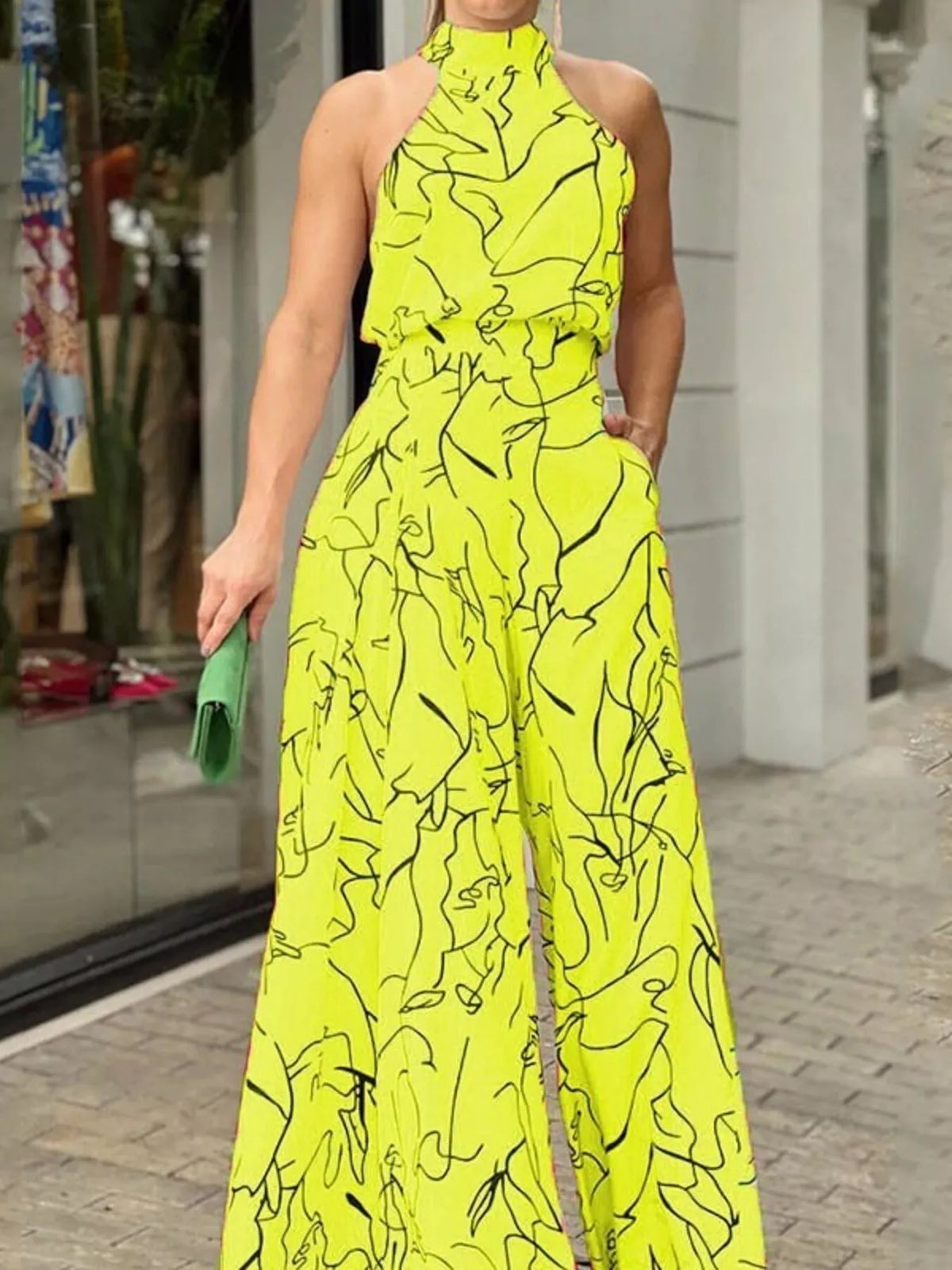 Halter Neck Abstract Print Wide Leg Jumpsuit