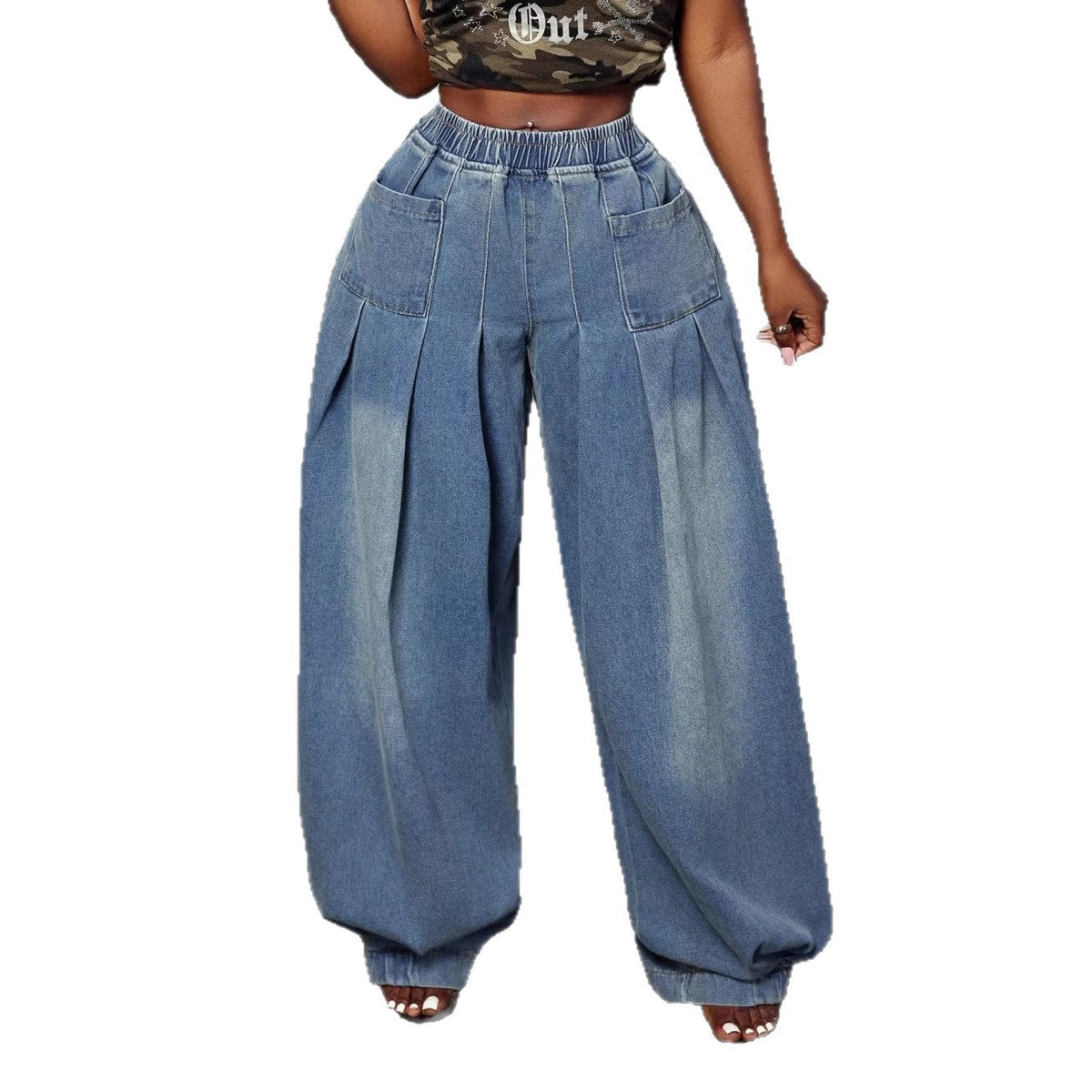 Plus-size Vintage Washed-blue Pleated Jeans For Women