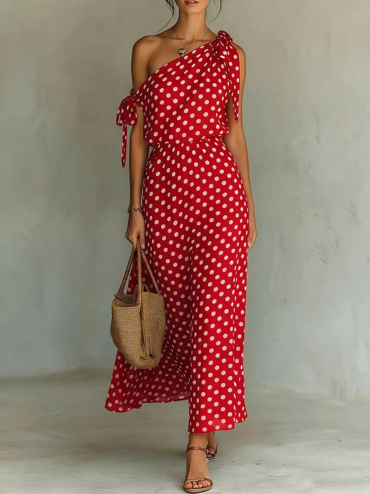 Polka Dot One-Shoulder Maxi Dress