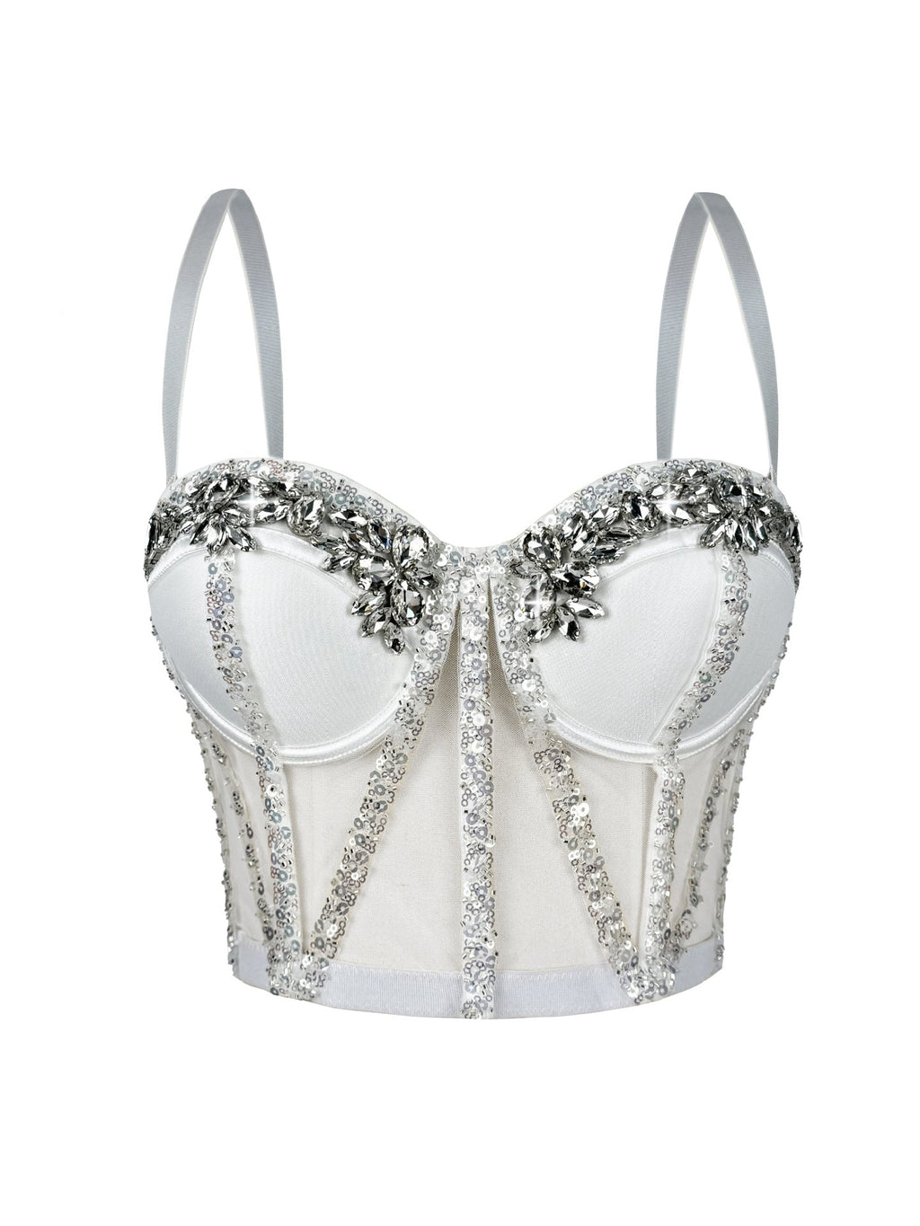Cross-Border Rhinestone Mesh Fishbone Bra Semi-Transparent Sexy Slimming Suspender Tube Top Slimming  Diamond Fishbone Top Stage