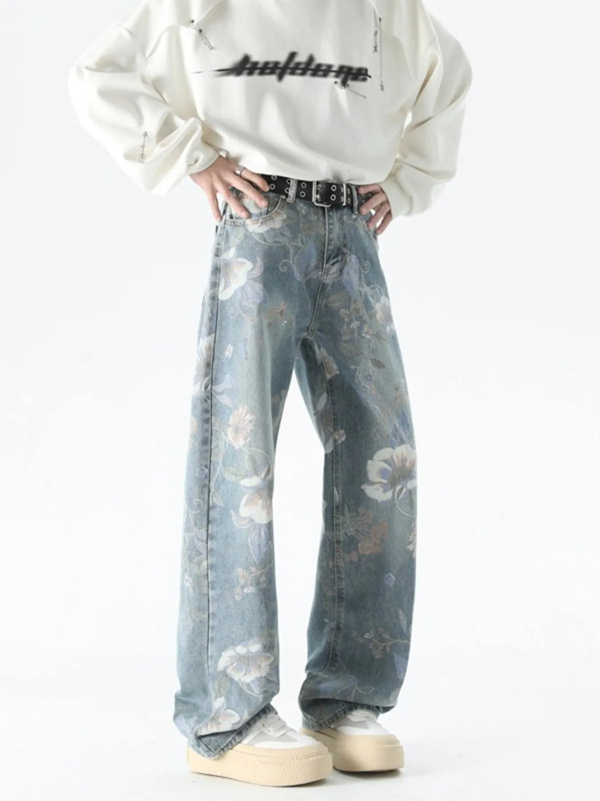 Men's Plus Size Floral Print Loose Fit Jeans