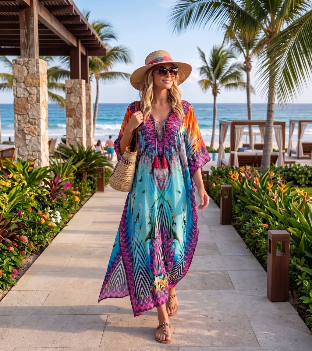 Sakkas Georgettina Flowy Rhinestone V Neck Long Caftan Dress/Cover Up