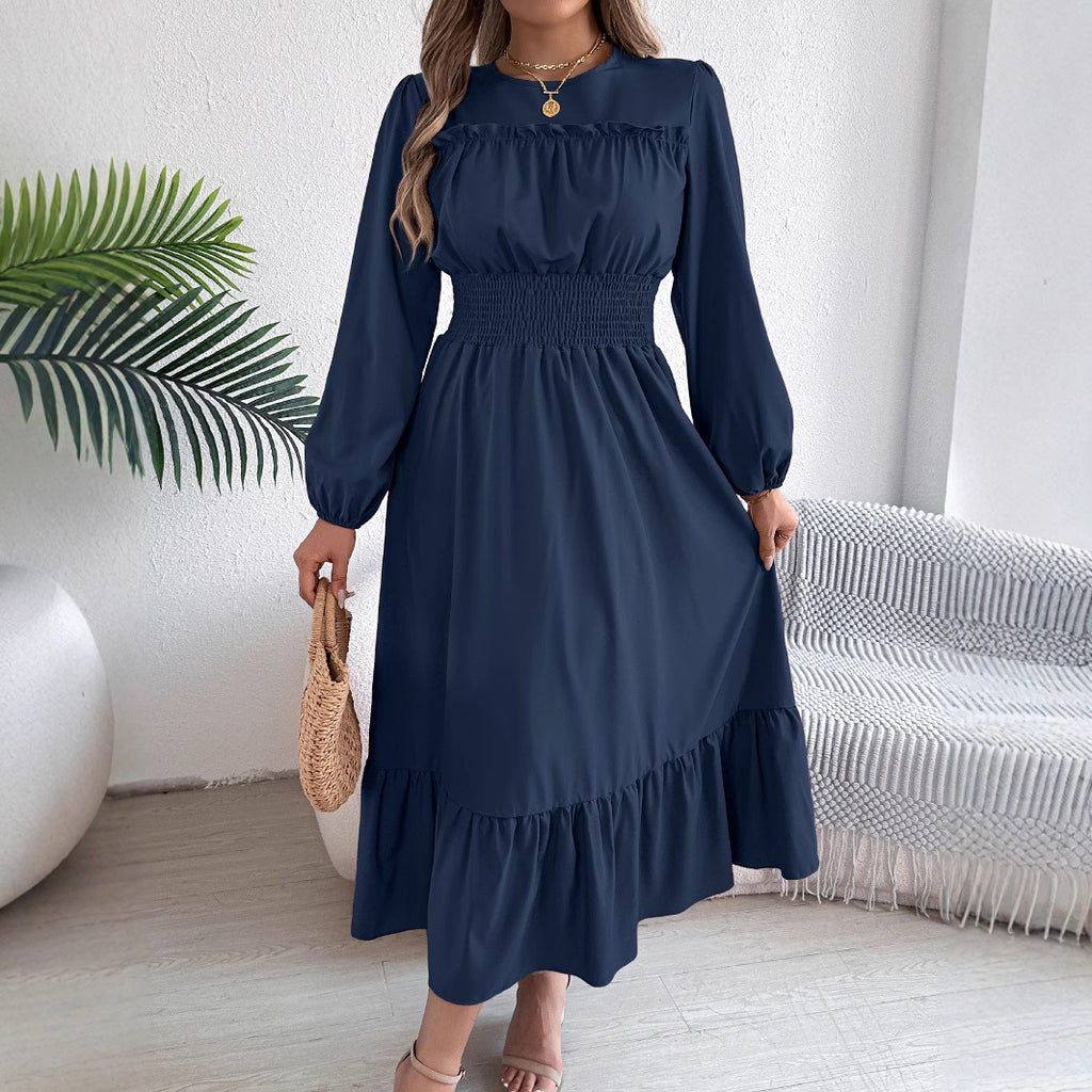 Real Shot of 2026 Spring/Summer European and American Style Solid Color Elegant Ruffled Waist-Cinching Pleated Long Dress Amazon Cross-Border Women's Fashion