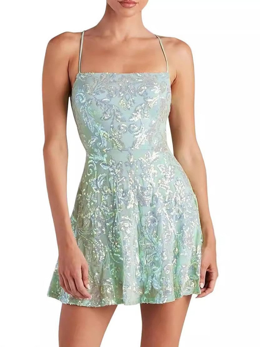 Cross-border European and American Amazon 2024 Sleeveless Sexy Banquet Printed Sequin dress Women's Waist Fashion
