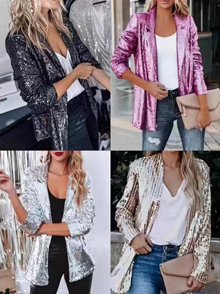 European and American Amazon Cross-border New Commuter Style Solid Color Cardigan Suit Collar Long Sleeve Casual Sequin Suit Jacket Women