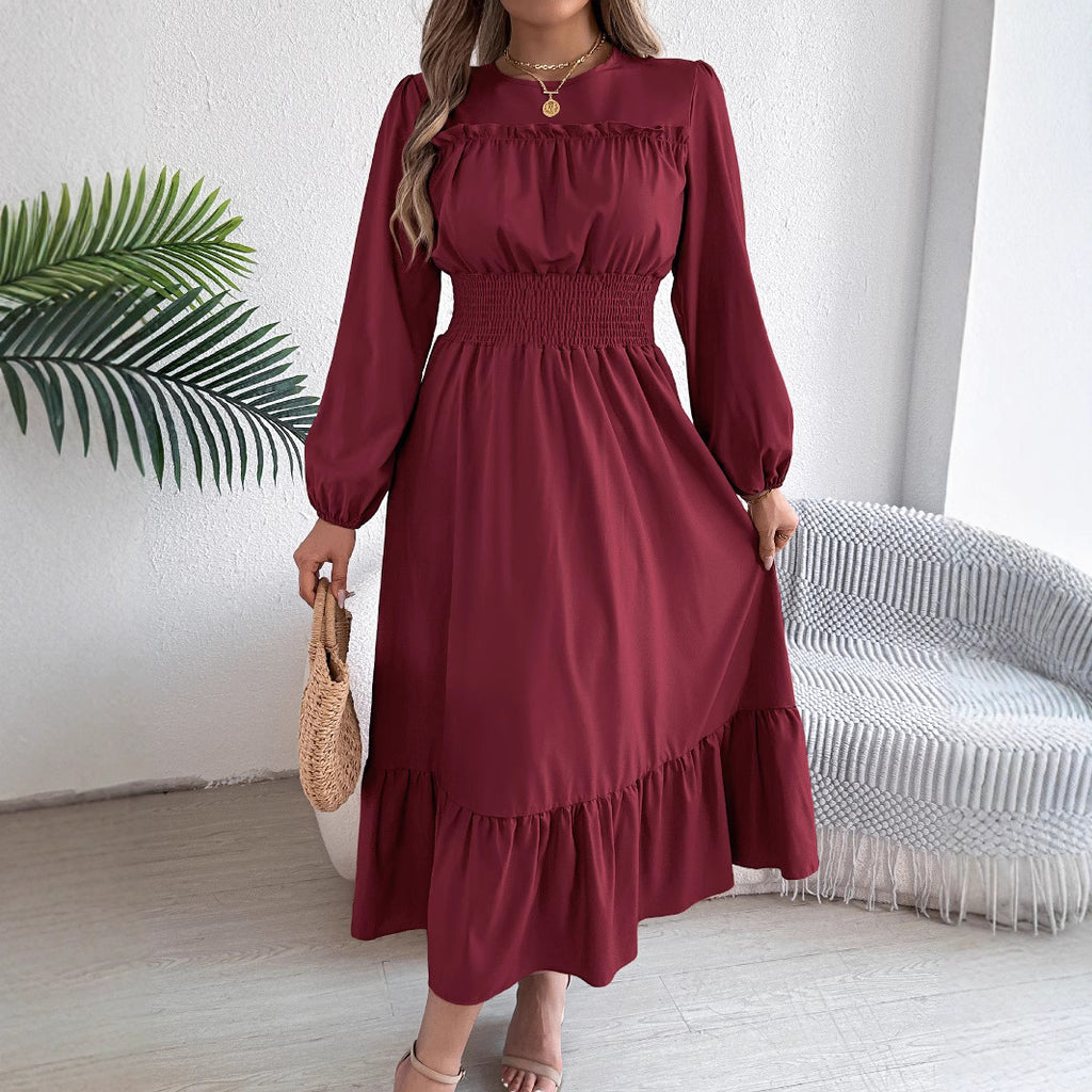 Real Shot of 2026 Spring/Summer European and American Style Solid Color Elegant Ruffled Waist-Cinching Pleated Long Dress Amazon Cross-Border Women's Fashion