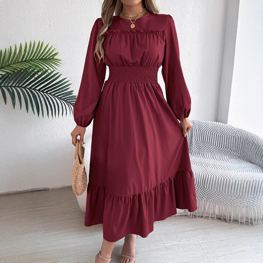 Real Shot of 2026 Spring/Summer European and American Style Solid Color Elegant Ruffled Waist-Cinching Pleated Long Dress Amazon Cross-Border Women's Fashion
