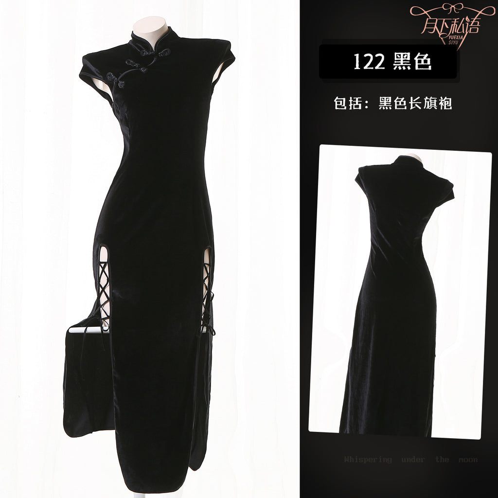 Vintage Chinese-style Velvet Cheongsam Improved dress New Chinese-style Split Tall Cool Sough Black Elegant Long Dress