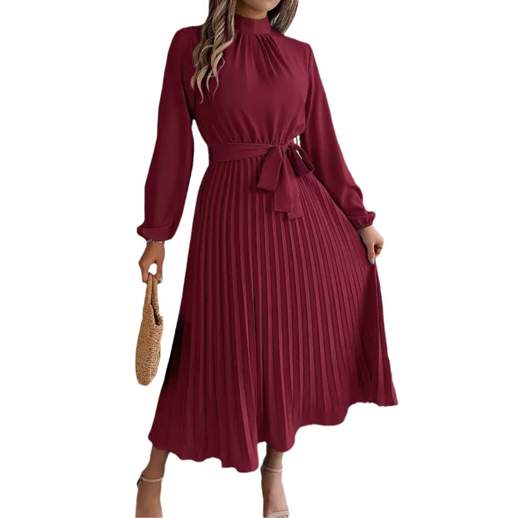 2026 European and American Spring/Summer Elegant Stand Collar Long Sleeve Waist-Cinched Pleated Long Dress Mini Dress Amazon Cross-Border Women's Clothing