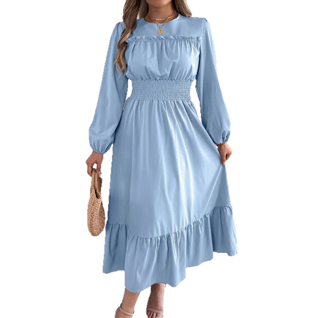 Real Shot of 2026 Spring/Summer European and American Style Solid Color Elegant Ruffled Waist-Cinching Pleated Long Dress Amazon Cross-Border Women's Fashion