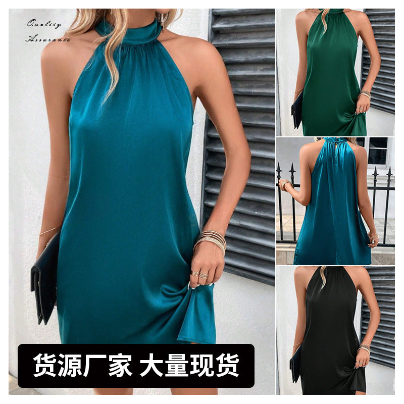 Sleeveless dress Satin Neck Mid-length dress Amazon Cross-border European and American Women's in stock