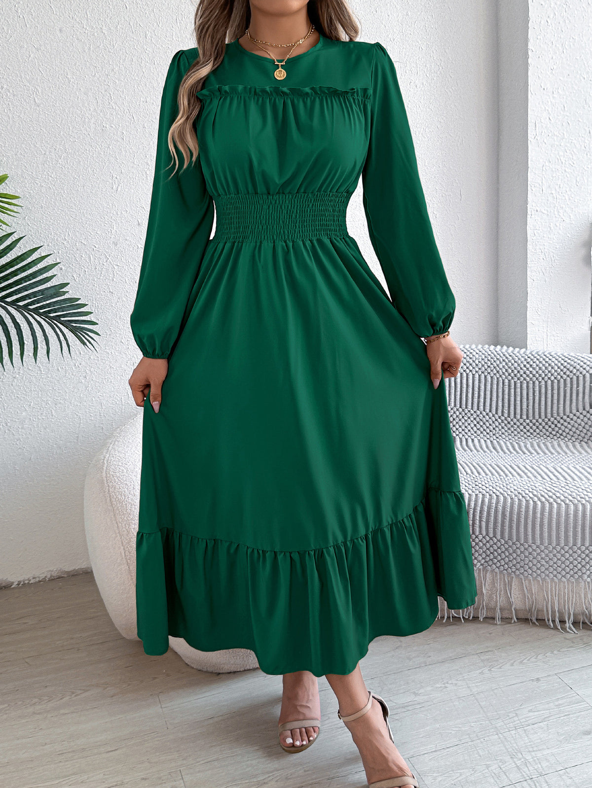 Real Shot of 2026 Spring/Summer European and American Style Solid Color Elegant Ruffled Waist-Cinching Pleated Long Dress Amazon Cross-Border Women's Fashion