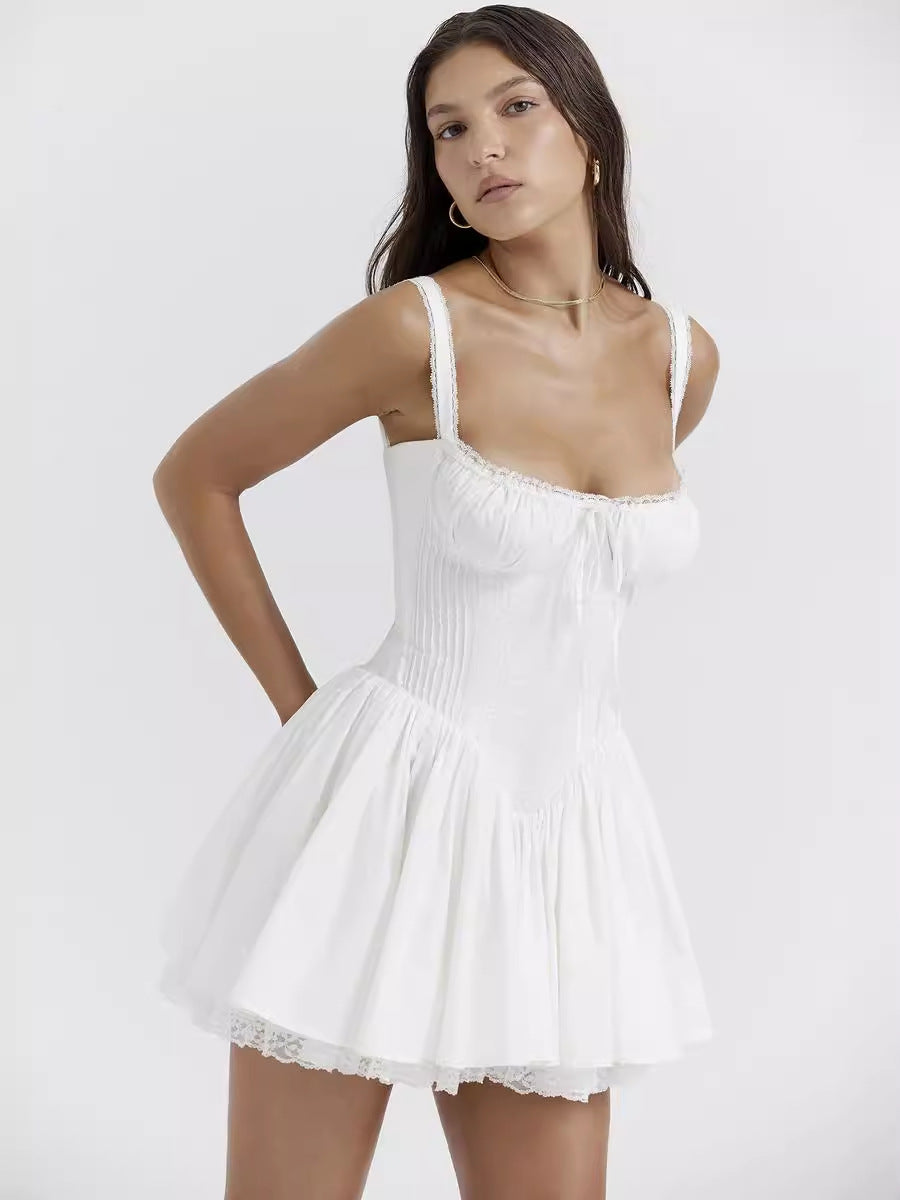 European and American Sexy Women's Lace Stitching Slip Skirt Waist Backless Small Skirt Pure White dress Women