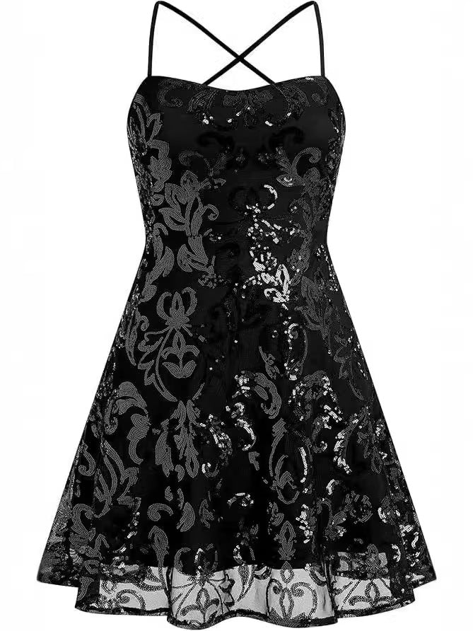 Cross-border European and American Amazon 2024 Sleeveless Sexy Banquet Printed Sequin dress Women's Waist Fashion
