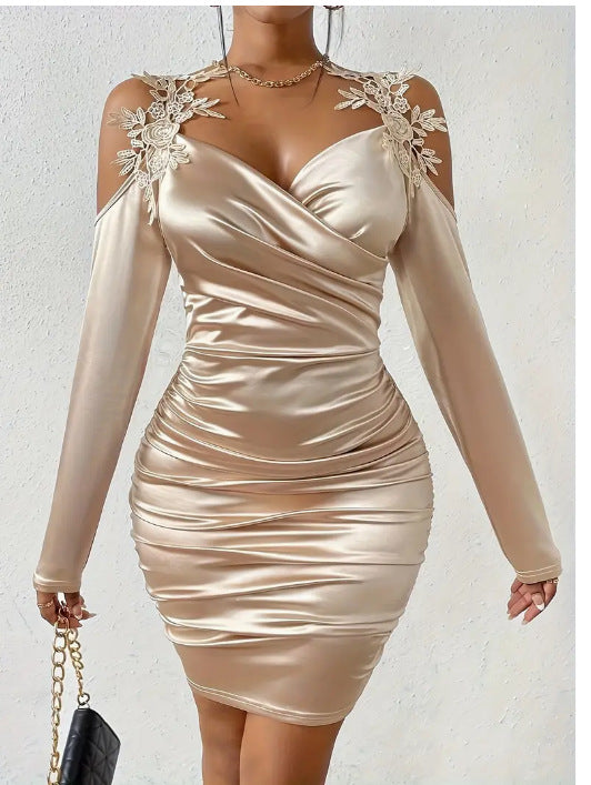 Satin elegant lace tight skirt pleated skirt
