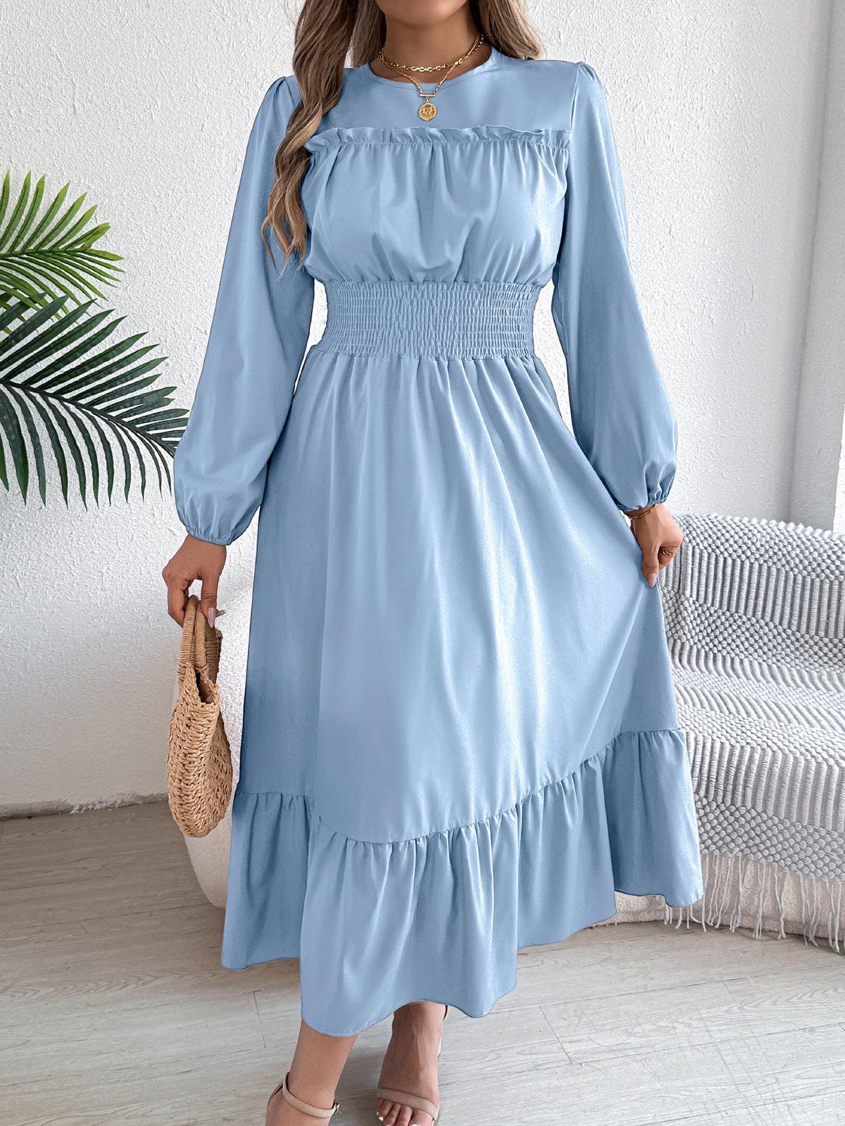 Real Shot of 2026 Spring/Summer European and American Style Solid Color Elegant Ruffled Waist-Cinching Pleated Long Dress Amazon Cross-Border Women's Fashion