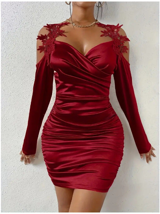 Satin elegant lace tight skirt pleated skirt