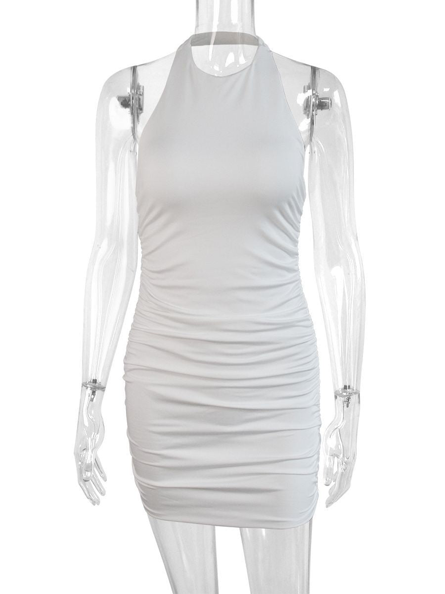 Cross-Border New Sleeveless Backless Dress Round Neck Women's European and American Sexy Halter Pleated Slim Skirt