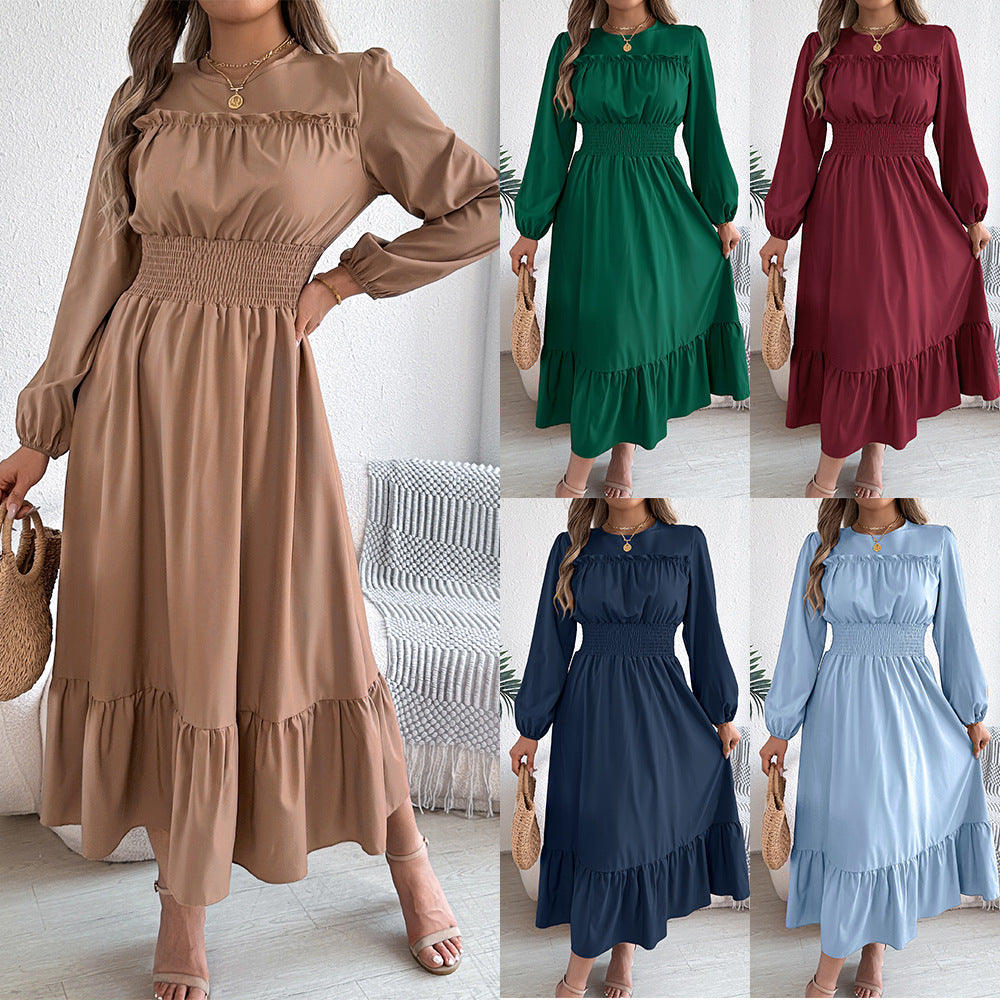 Real Shot of 2026 Spring/Summer European and American Style Solid Color Elegant Ruffled Waist-Cinching Pleated Long Dress Amazon Cross-Border Women's Fashion