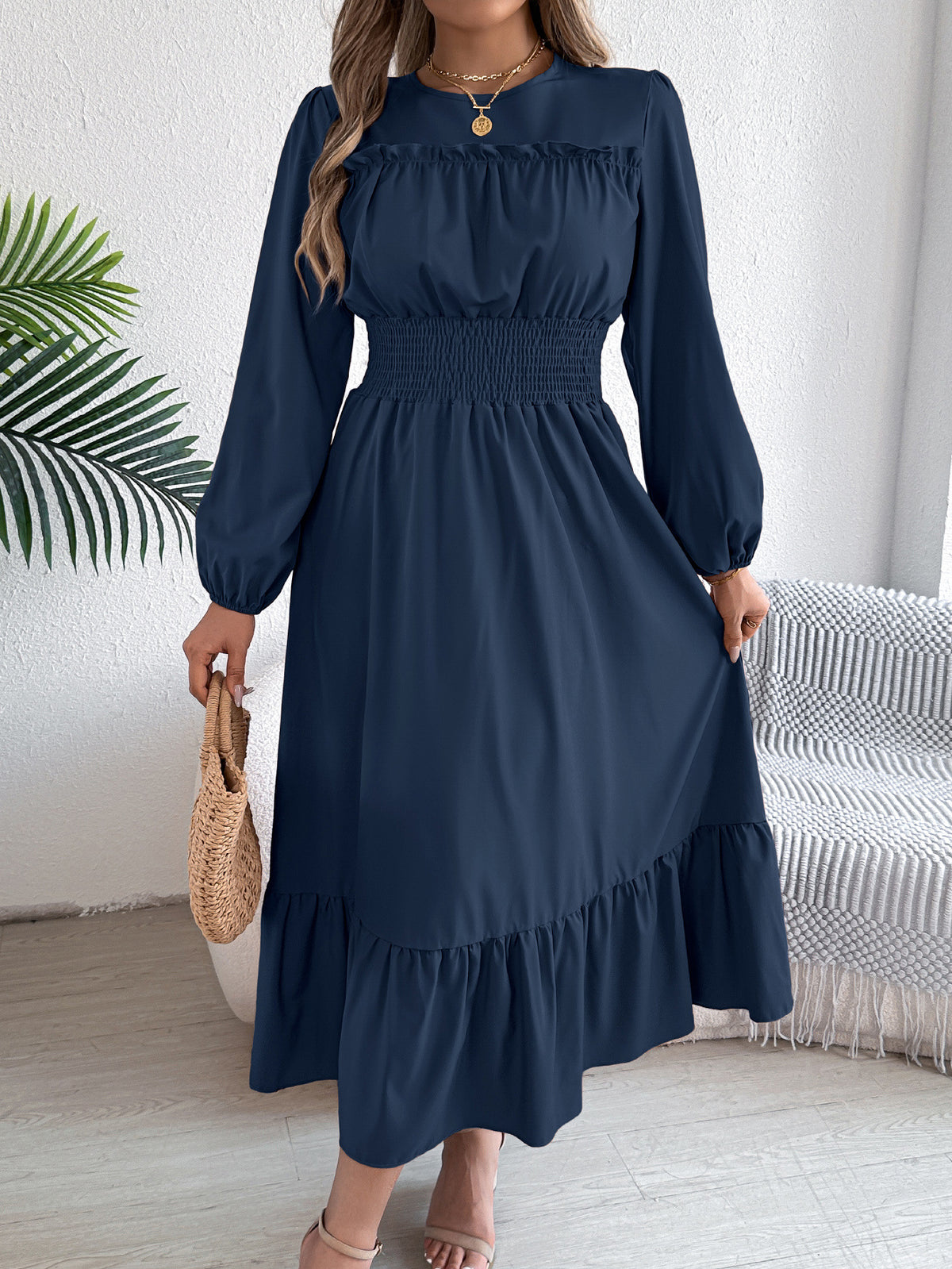 Real Shot of 2026 Spring/Summer European and American Style Solid Color Elegant Ruffled Waist-Cinching Pleated Long Dress Amazon Cross-Border Women's Fashion