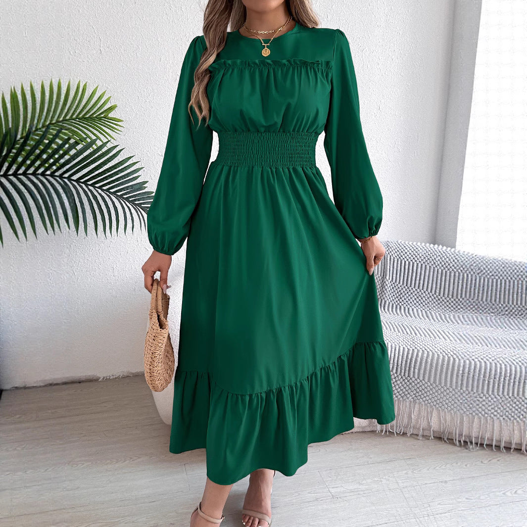 Real Shot of 2026 Spring/Summer European and American Style Solid Color Elegant Ruffled Waist-Cinching Pleated Long Dress Amazon Cross-Border Women's Fashion