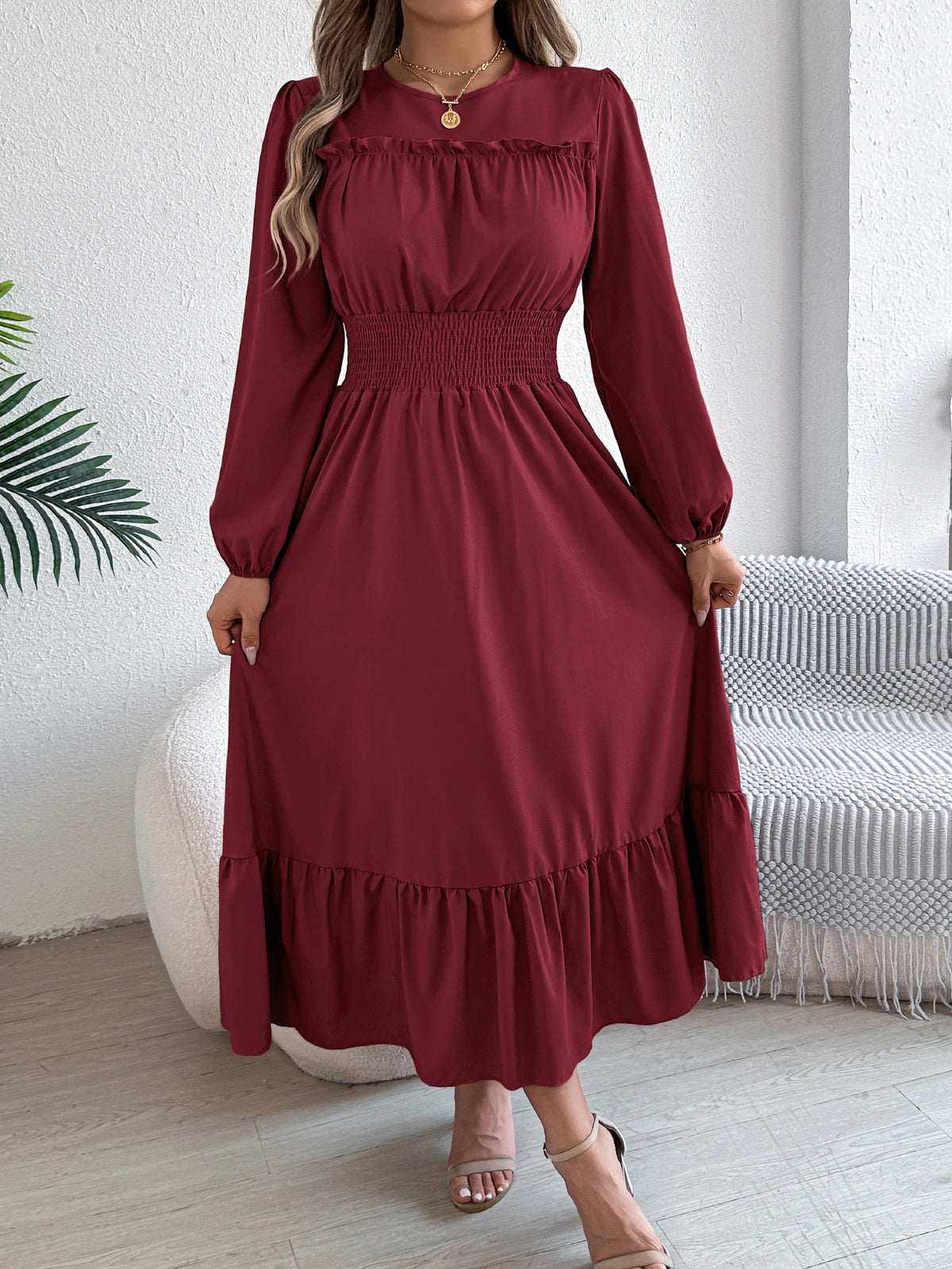 Real Shot of 2026 Spring/Summer European and American Style Solid Color Elegant Ruffled Waist-Cinching Pleated Long Dress Amazon Cross-Border Women's Fashion