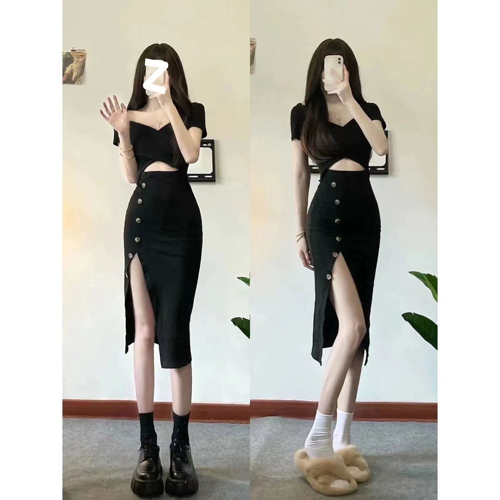 Short-Sleeved Slit Hip-Covering Dress