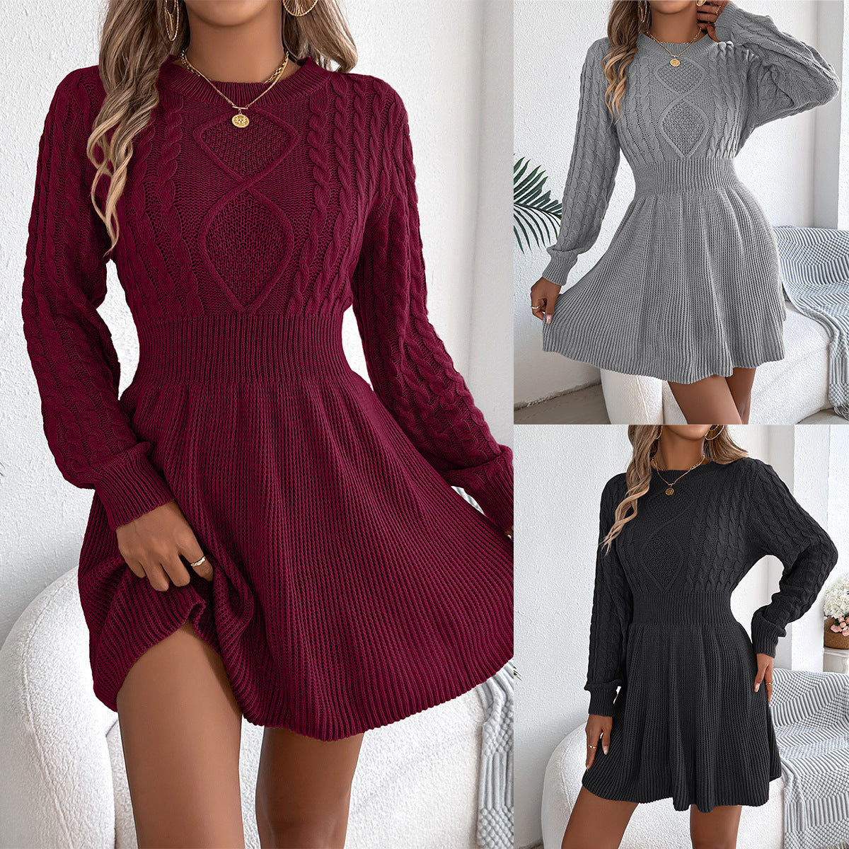 2025 Autumn and Winter European and American Solid Color Twist Waist Lantern Long Sleeve Sweater Skirt A-Line Skirt Amazon Cross-Border Women's Clothing