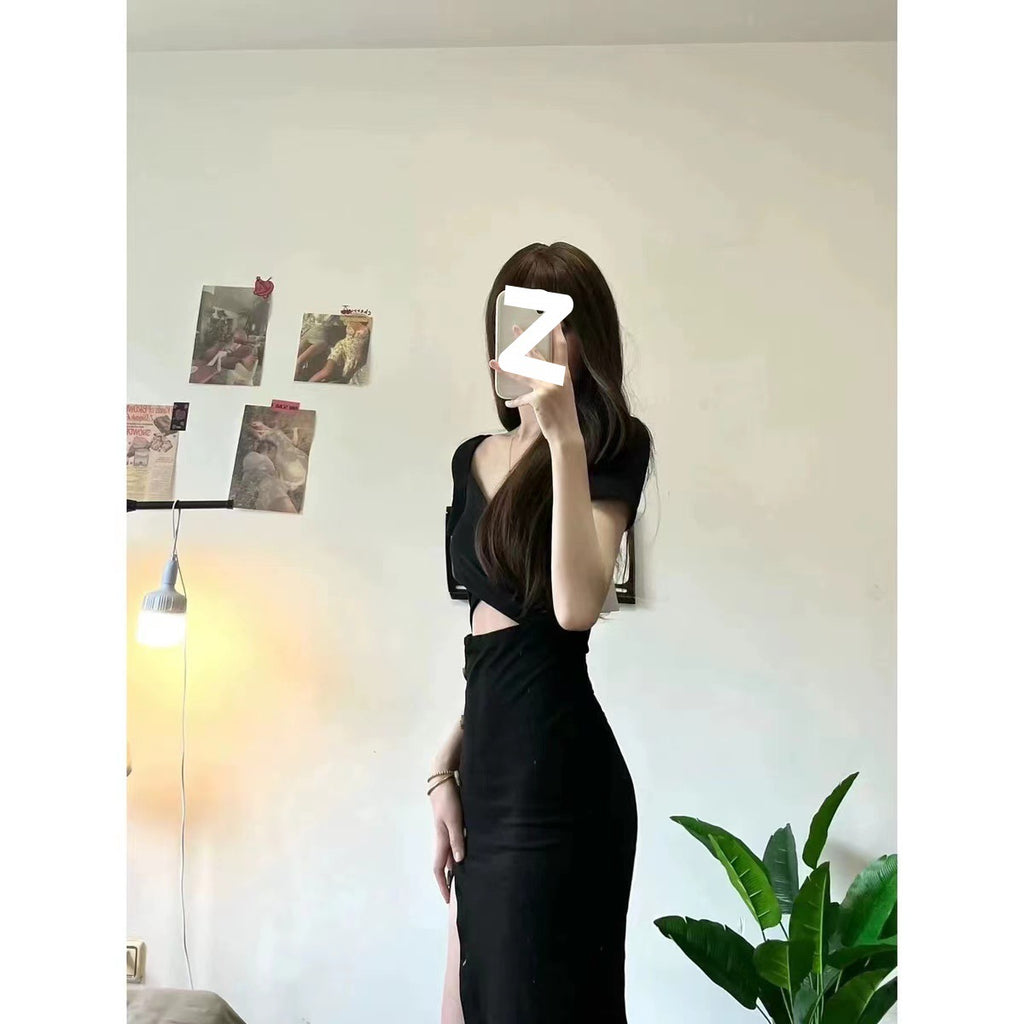 Short-Sleeved Slit Hip-Covering Dress