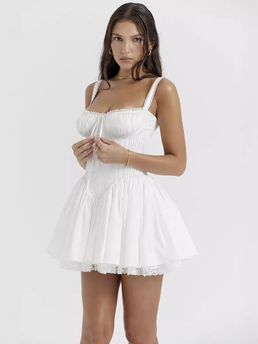European and American Sexy Women's Lace Stitching Slip Skirt Waist Backless Small Skirt Pure White dress Women