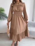 Real Shot of 2026 Spring/Summer European and American Style Solid Color Elegant Ruffled Waist-Cinching Pleated Long Dress Amazon Cross-Border Women's Fashion