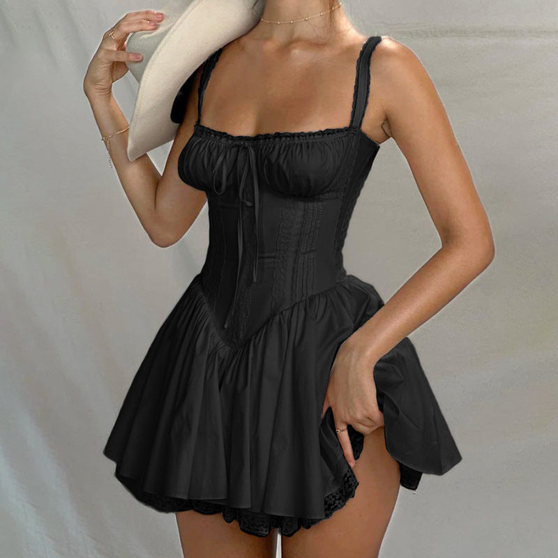 European and American Sexy Women's Lace Stitching Slip Skirt Waist Backless Small Skirt Pure White dress Women