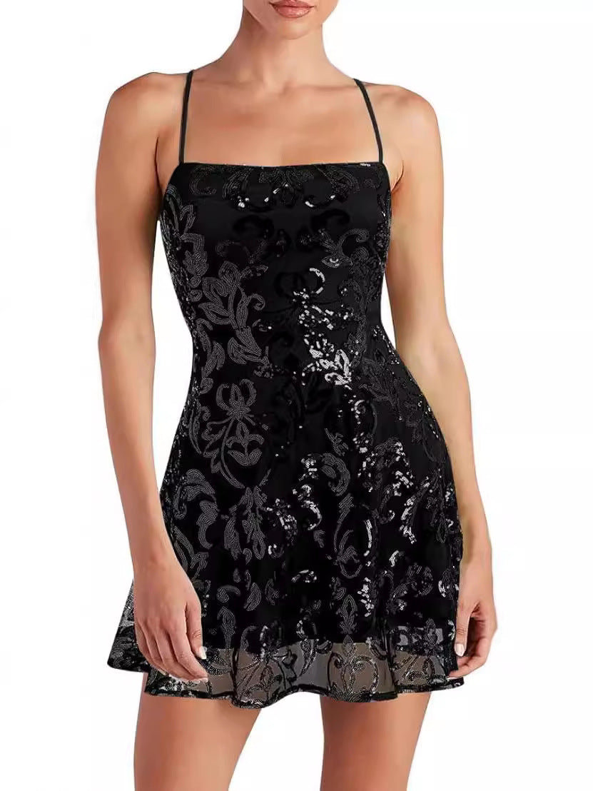 Cross-border European and American Amazon 2024 Sleeveless Sexy Banquet Printed Sequin dress Women's Waist Fashion