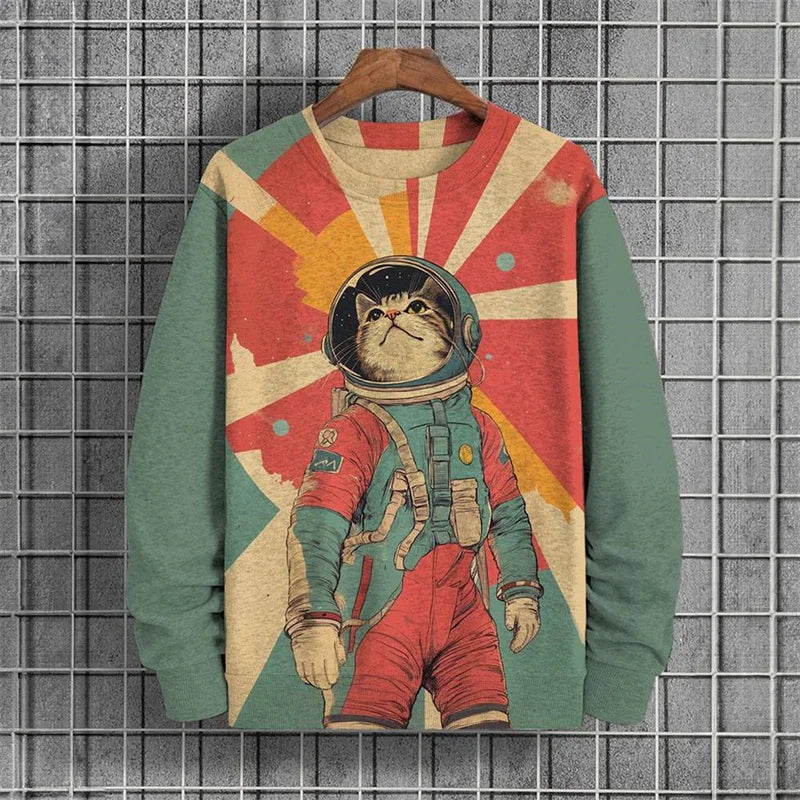 Japanese Pattern Sweatshirts For Men Space Cat 3D Printed Pullover Autumn Oversized O-Neck Hoodies Long Sleeves Clothing Tops
