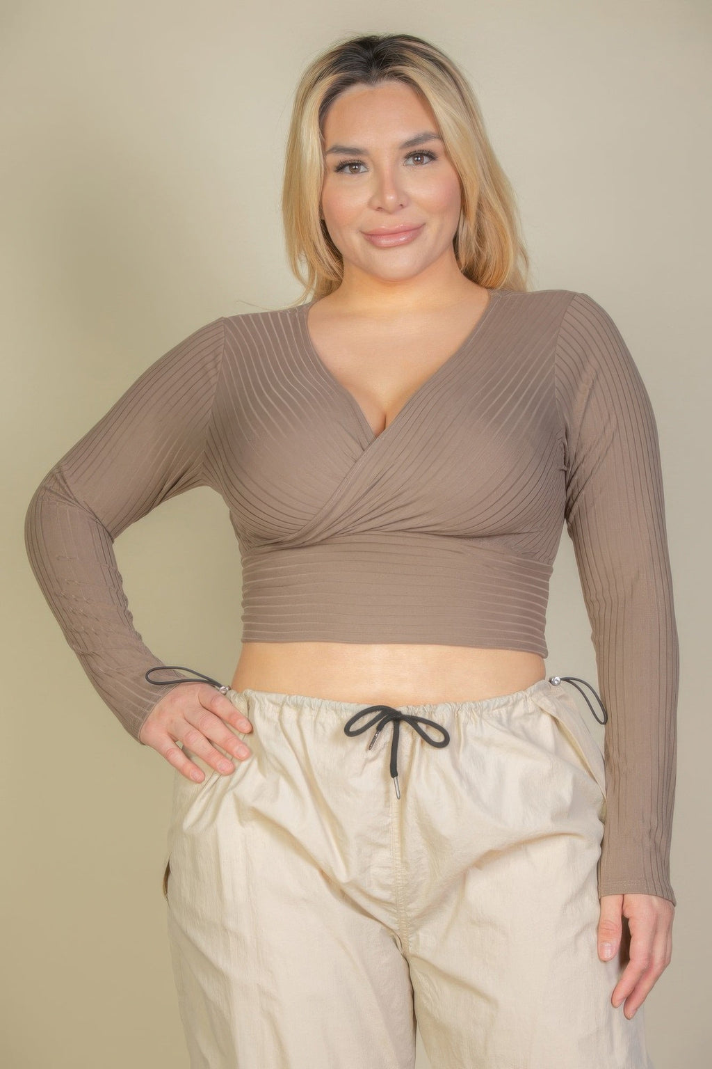 Ribbed Wrap Front Long Sleeve Top