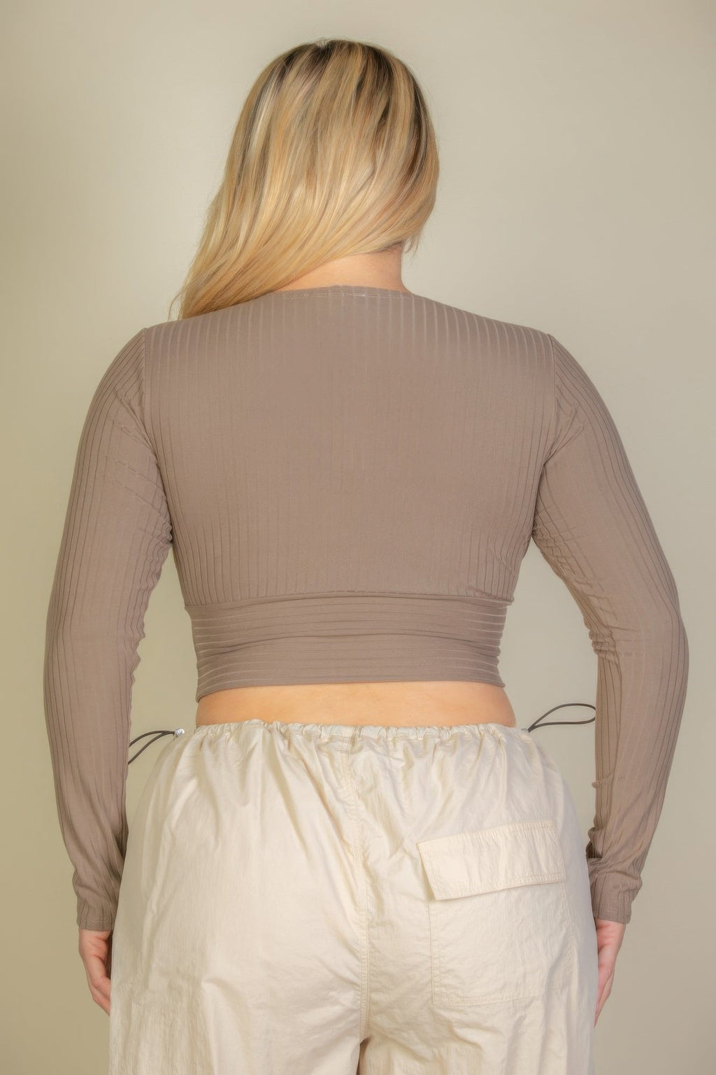 Ribbed Wrap Front Long Sleeve Top