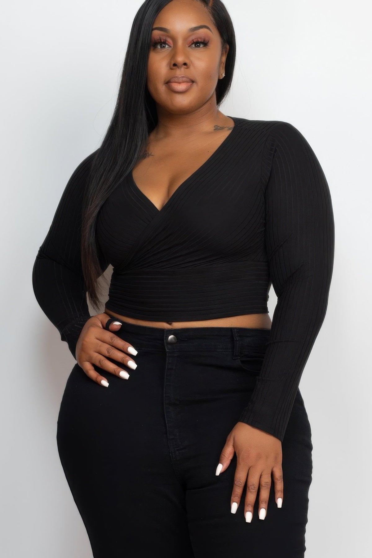 Ribbed Wrap Front Long Sleeve Top