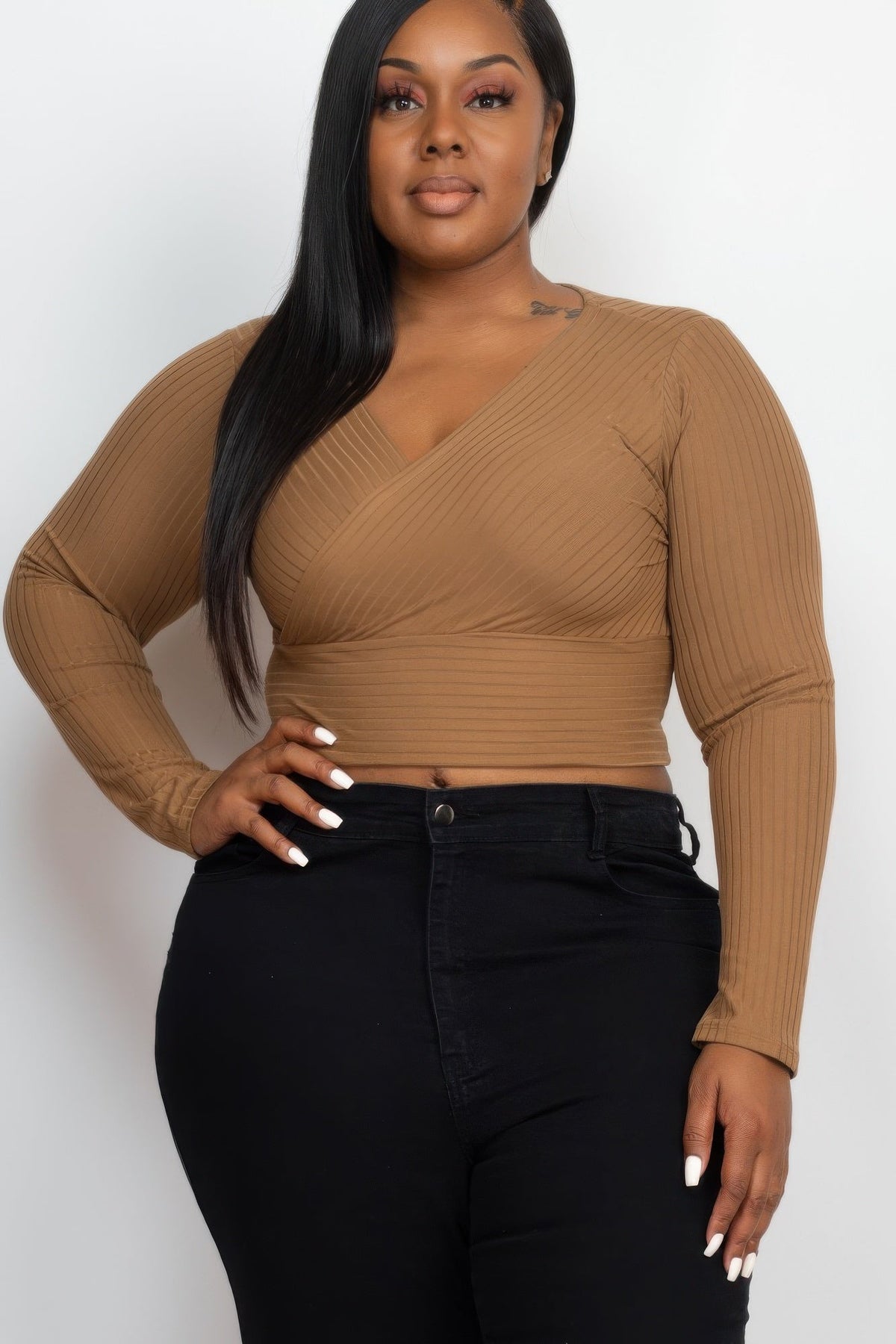 Ribbed Wrap Front Long Sleeve Top