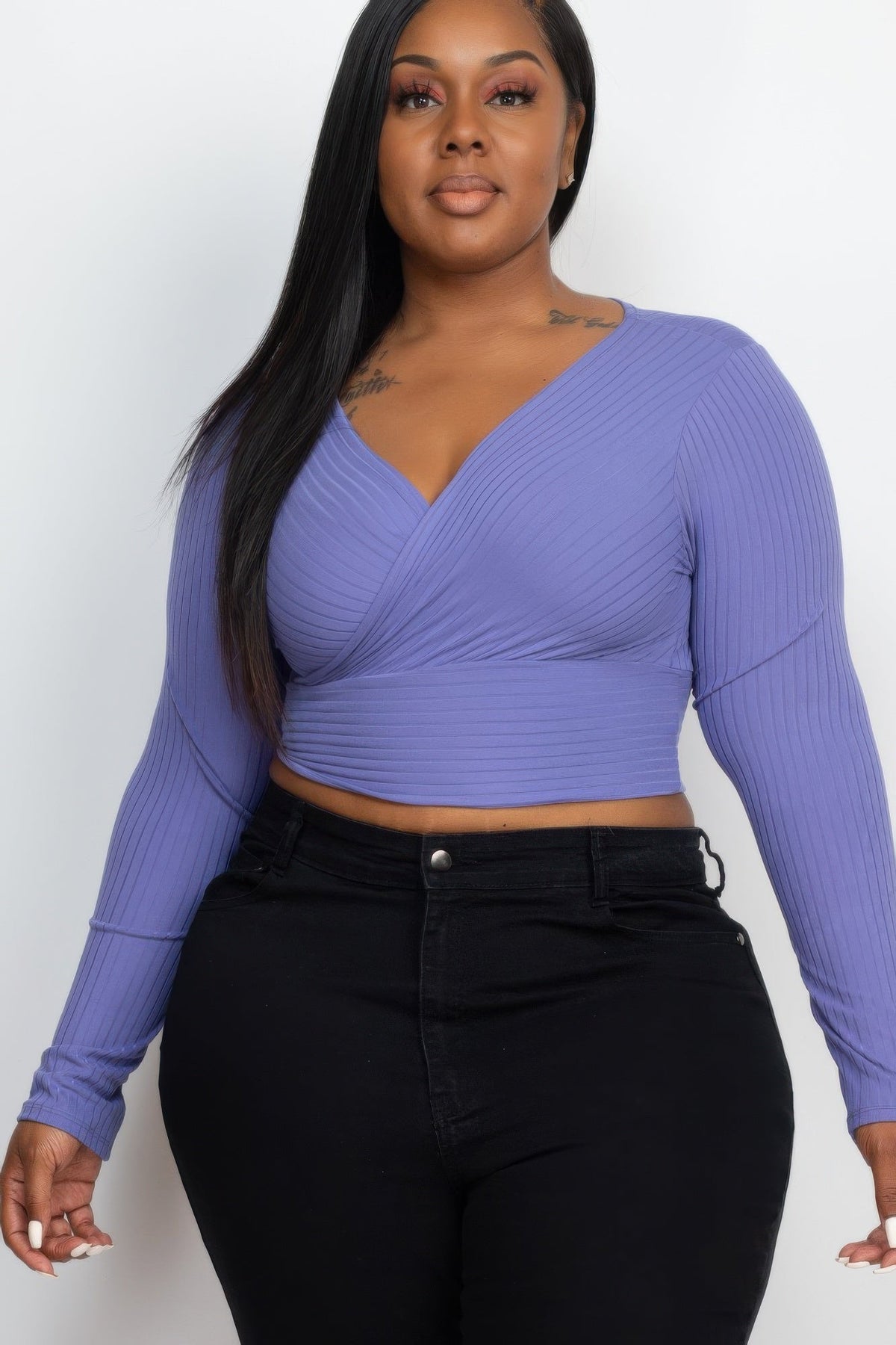 Ribbed Wrap Front Long Sleeve Top