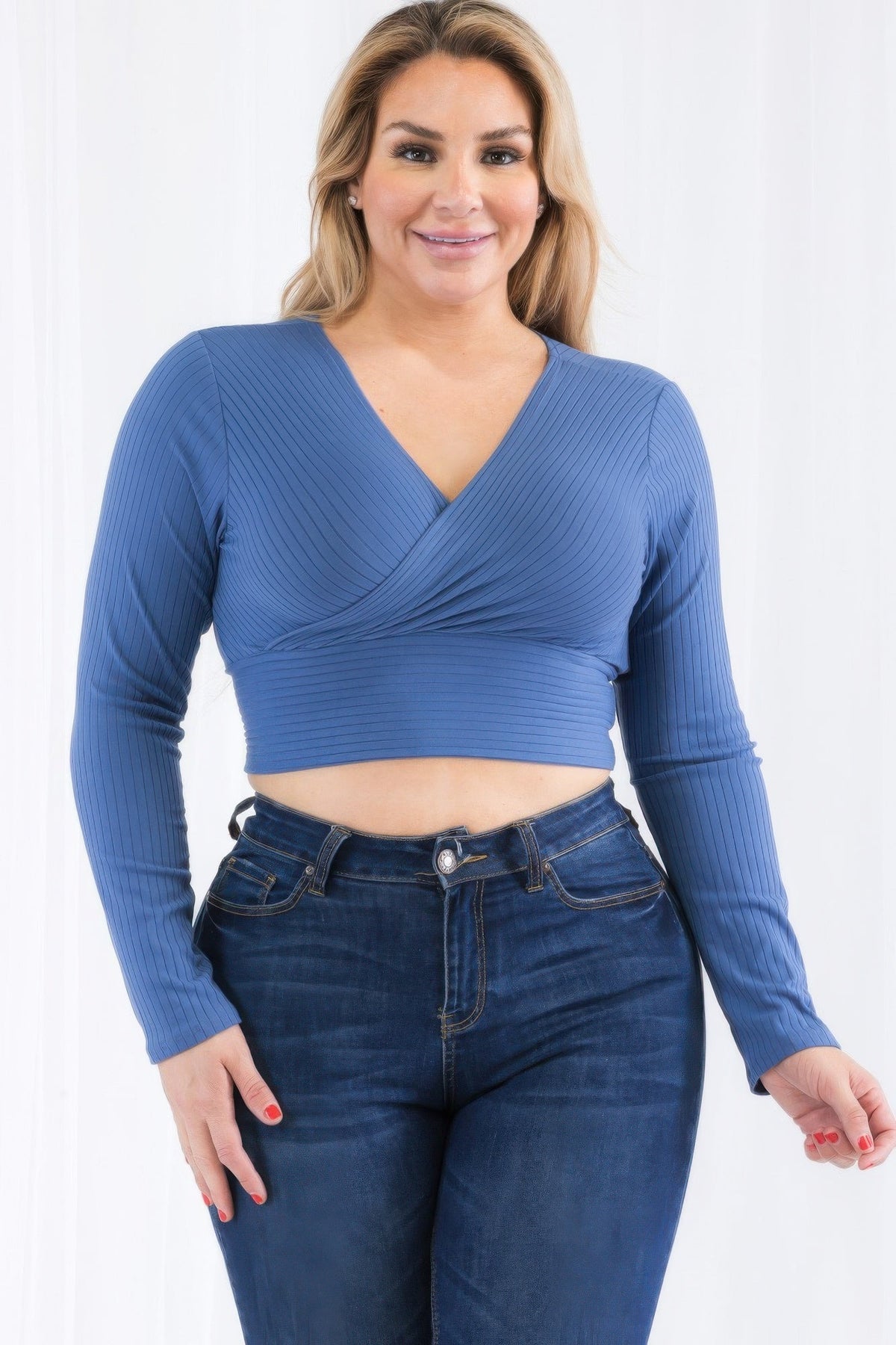 Ribbed Wrap Front Long Sleeve Top
