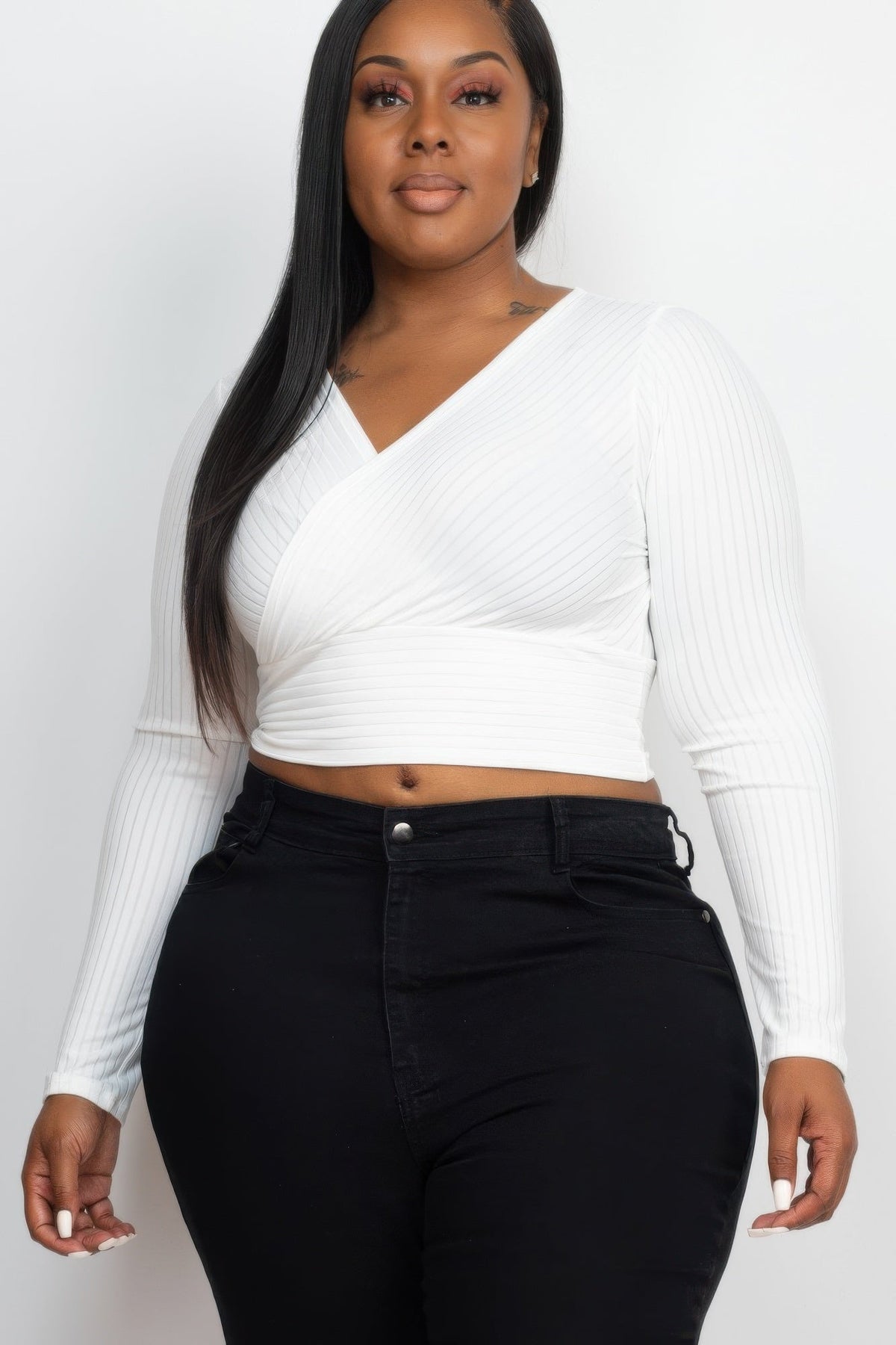 Ribbed Wrap Front Long Sleeve Top