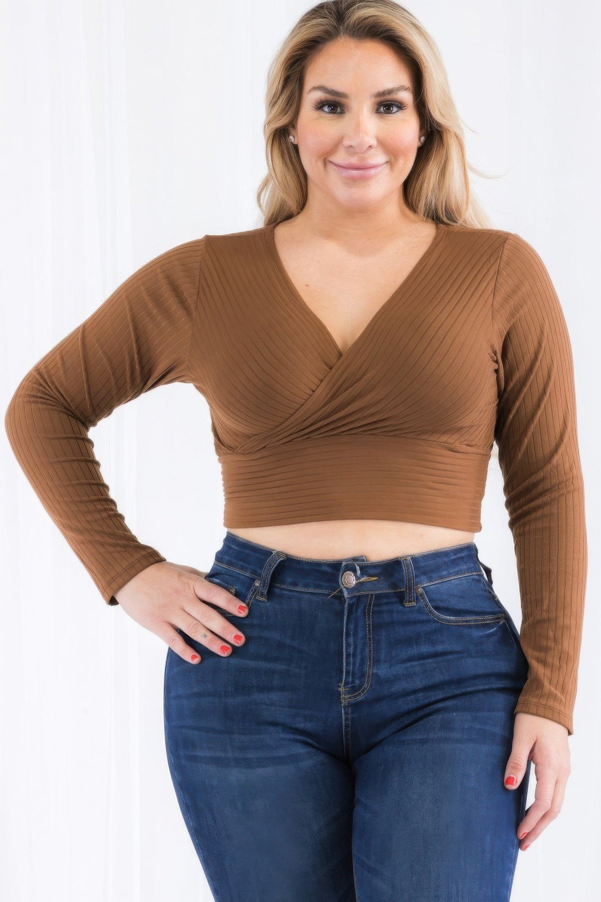 Ribbed Wrap Front Long Sleeve Top