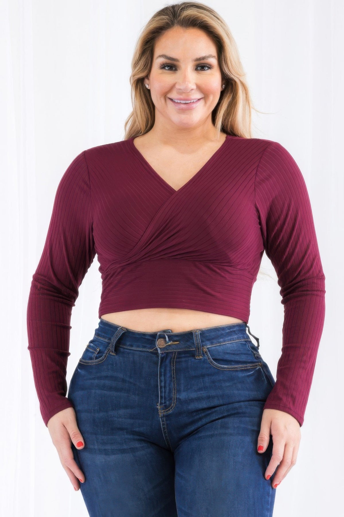 Ribbed Wrap Front Long Sleeve Top