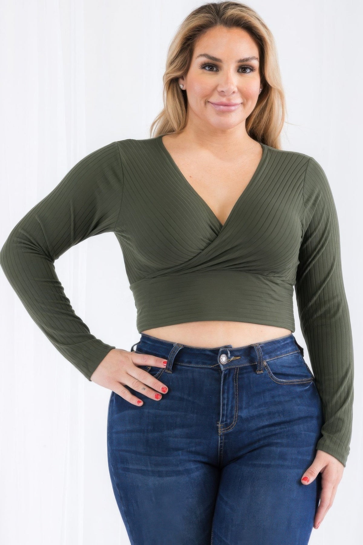 Ribbed Wrap Front Long Sleeve Top