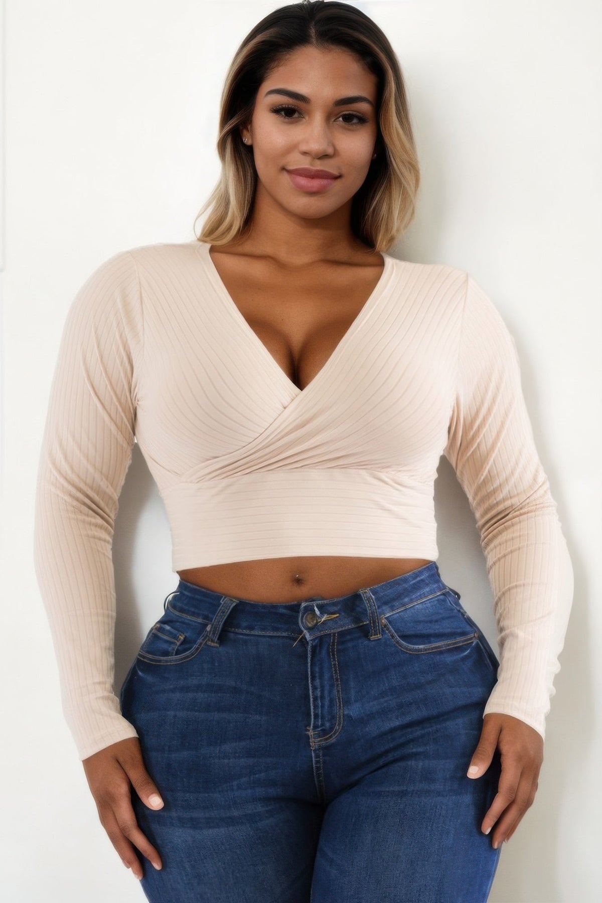 Ribbed Wrap Front Long Sleeve Top