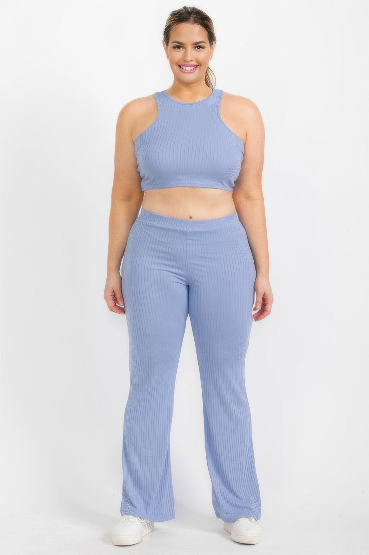 Ribbed Cropped Top And Bootcut Pants Sets