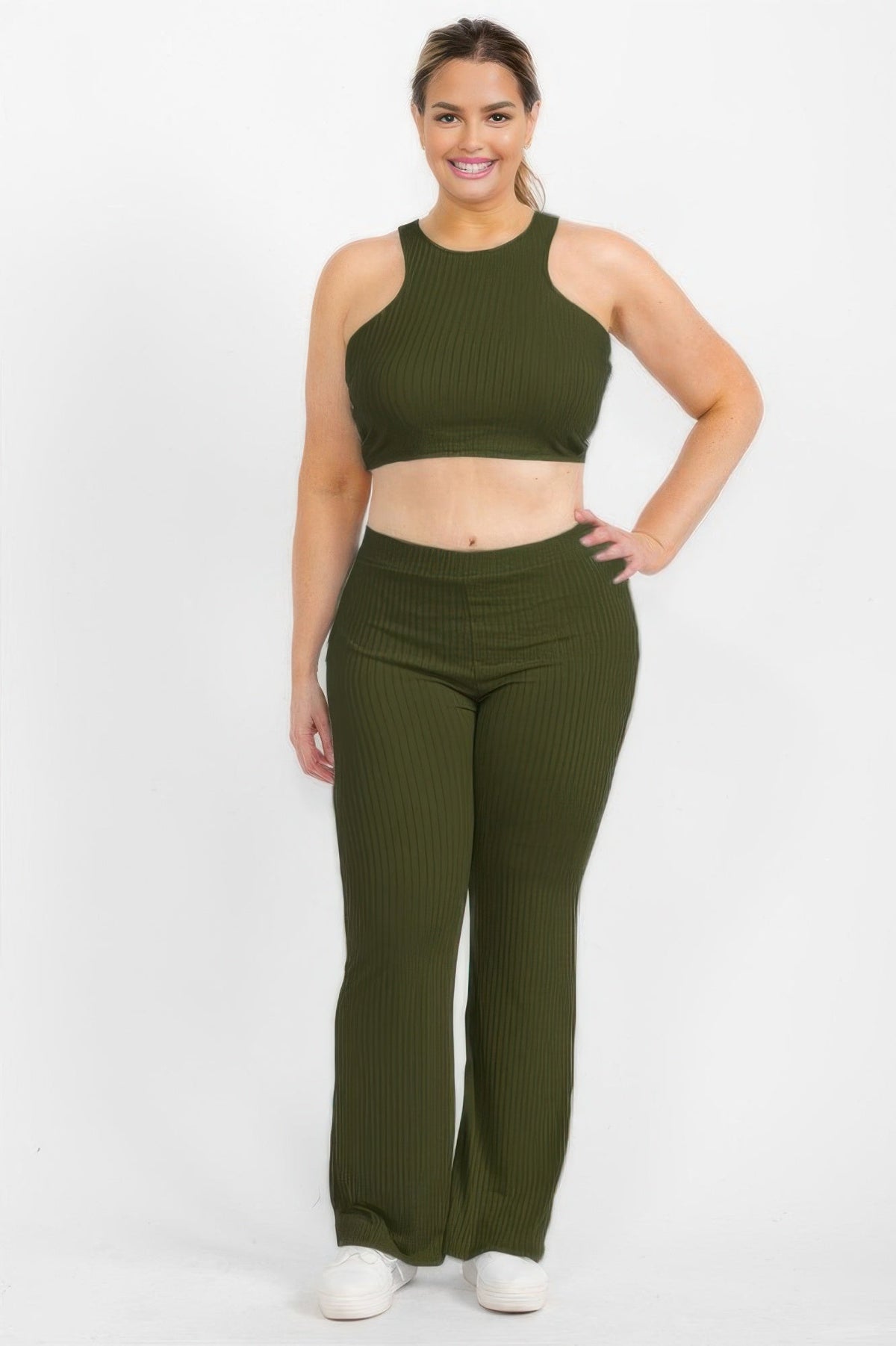 Ribbed Cropped Top And Bootcut Pants Sets