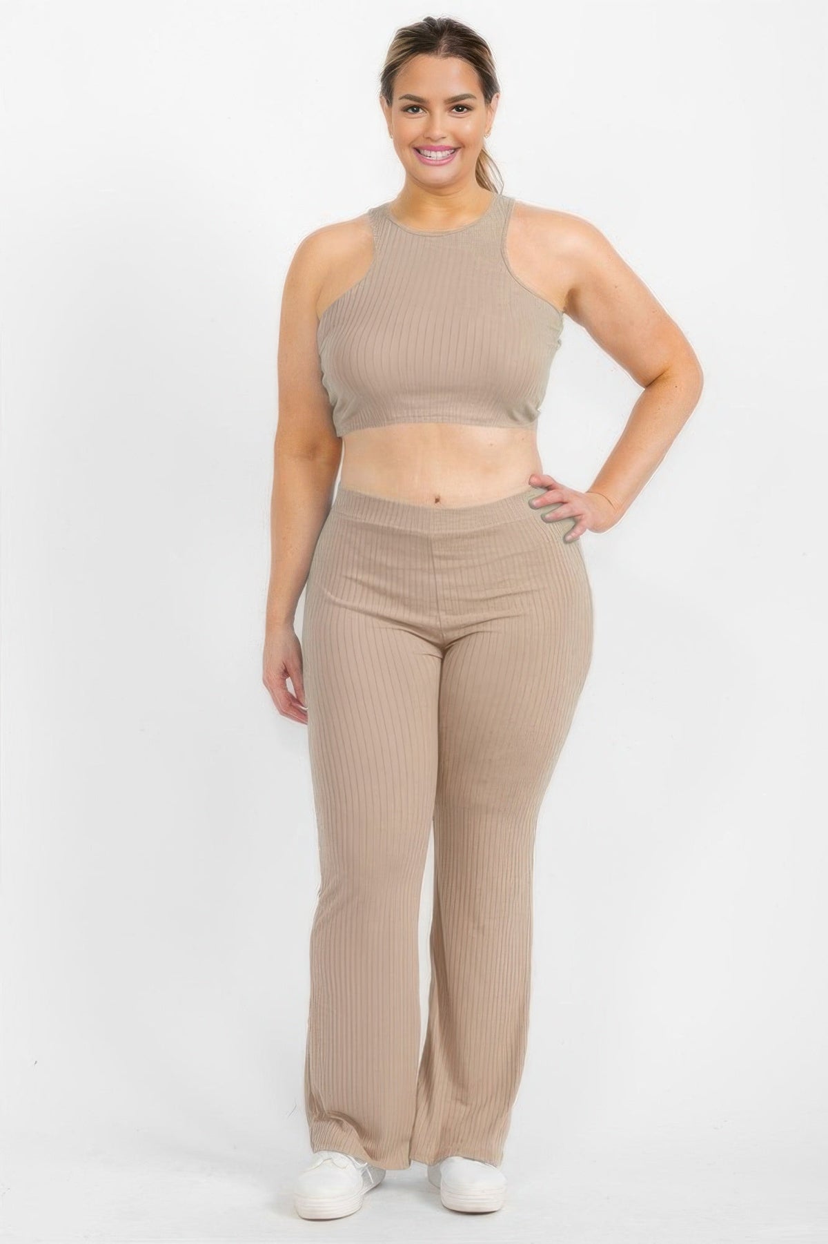 Ribbed Cropped Top And Bootcut Pants Sets