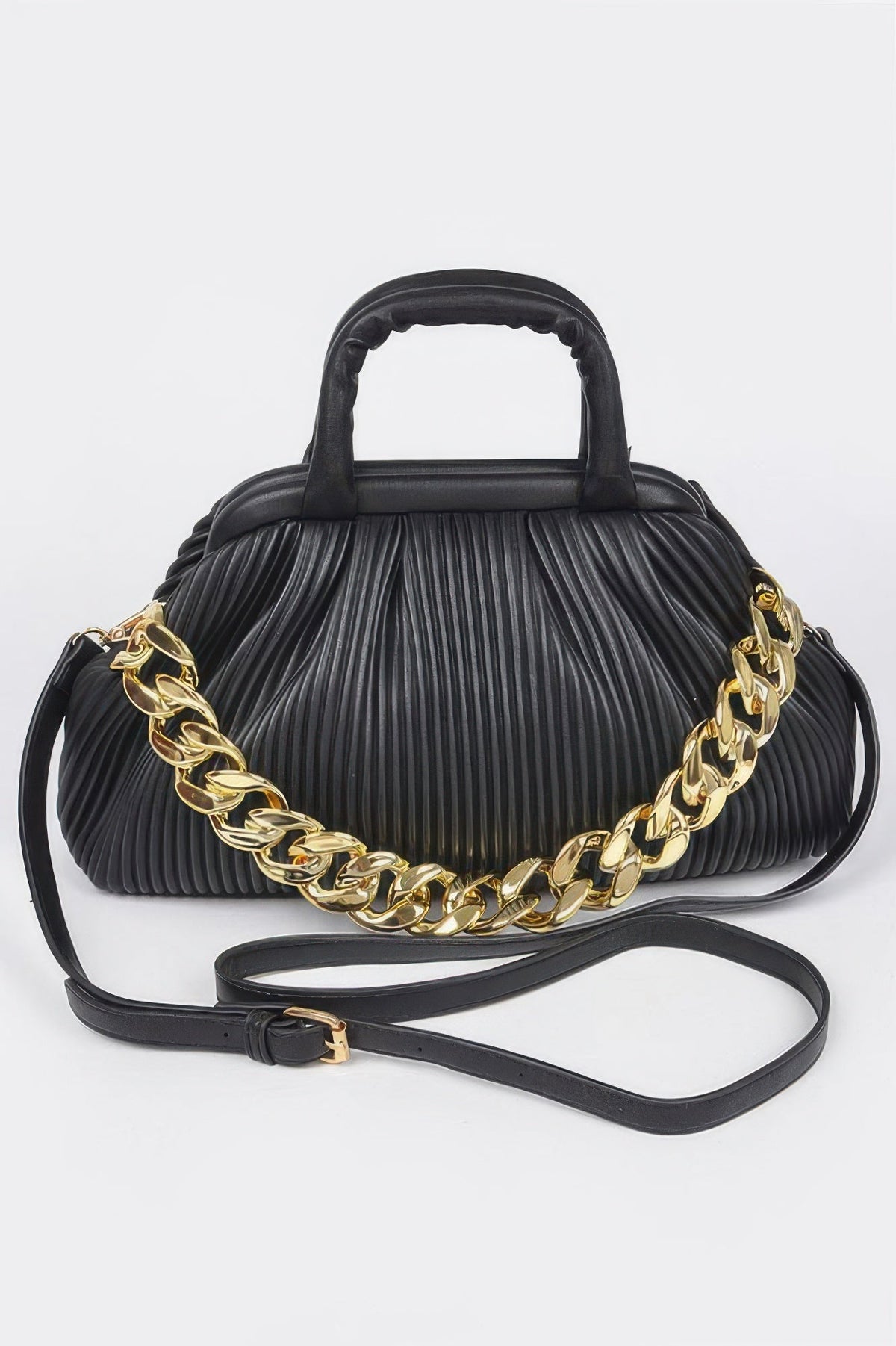 Pleated Faux Leather Top Handle Bag